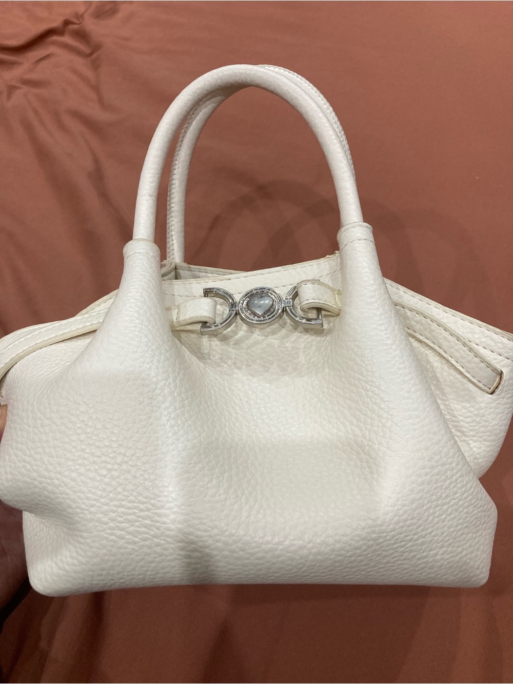 Cream Pebbled Leather Top-Handle Satchel with Silver Accent